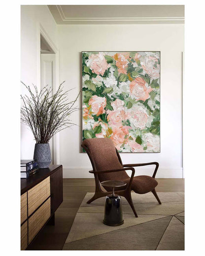 Vibrant Floral Oil Painting with Soft Pink Roses and Lush Greenery