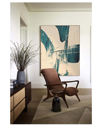 Abstract Teal and White Oil Painting for Modern Minimalist Decor