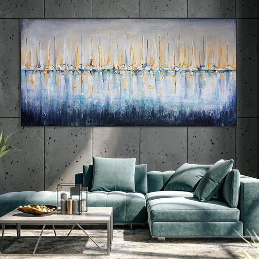 Tranquil Reflections on Water: Serene Coastal Oil Painting for Elegant Home Decor