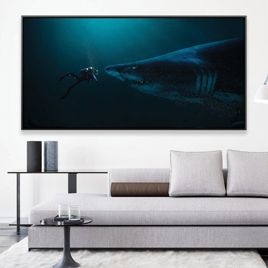Majestic Diver Encounters Sharks in Stunning Ocean Canvas Art
