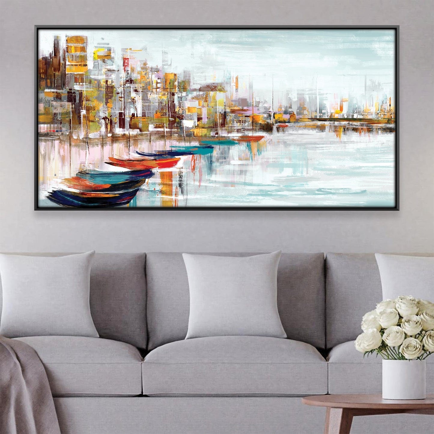 Vibrant Harbor Serenity: Colorful Boats on Calm Waters