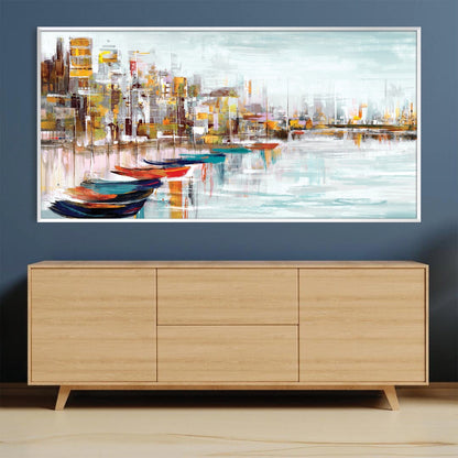 Vibrant Harbor Serenity: Colorful Boats on Calm Waters