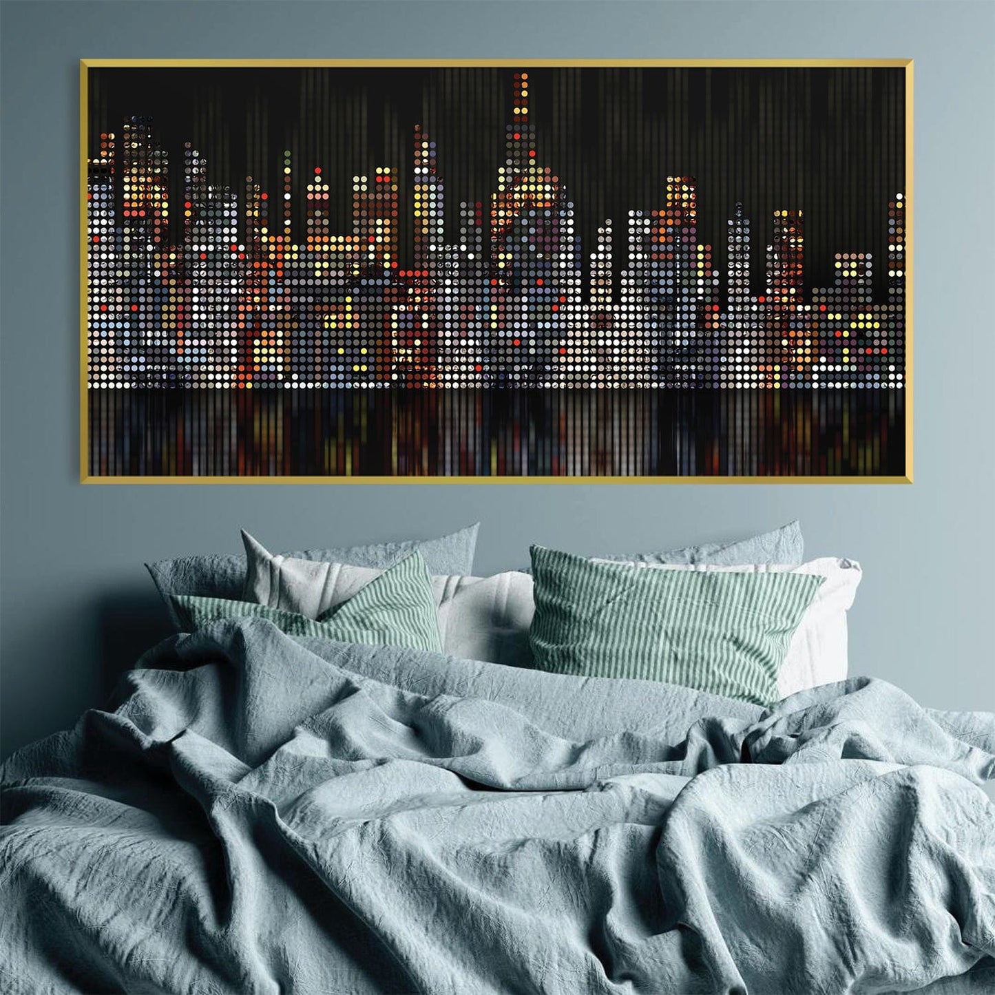 Vibrant Cityscape Oil Painting with Modern Dotted Design