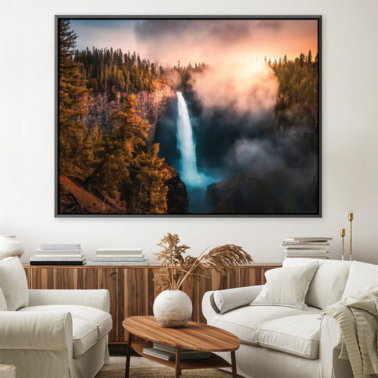 Majestic Waterfall in Misty Forest Surroundings - Stunning Landscape Oil Painting