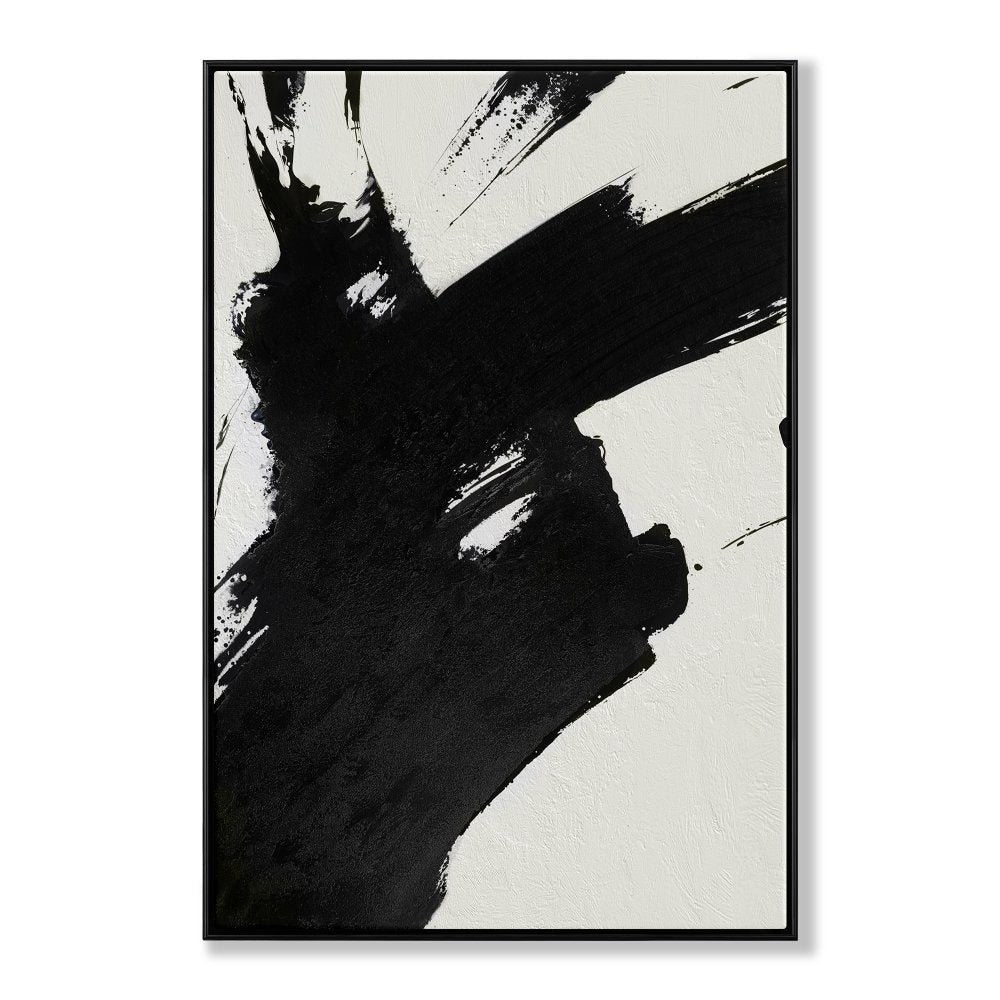 Abstract Black and White Brushstroke Oil Painting for Modern Decor