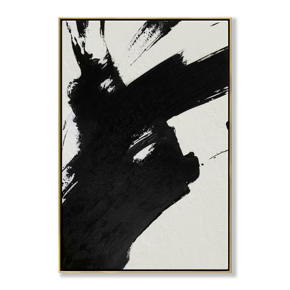 Abstract Black and White Brushstroke Oil Painting for Modern Decor