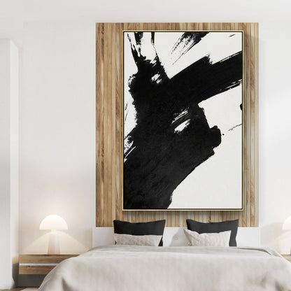 Abstract Black and White Brushstroke Oil Painting for Modern Decor