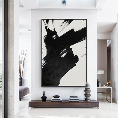 Abstract Black and White Brushstroke Oil Painting for Modern Decor