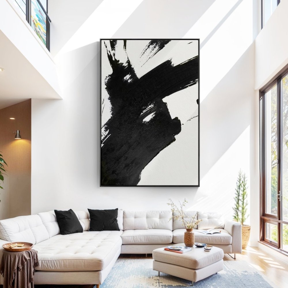 Abstract Black and White Brushstroke Oil Painting for Modern Decor