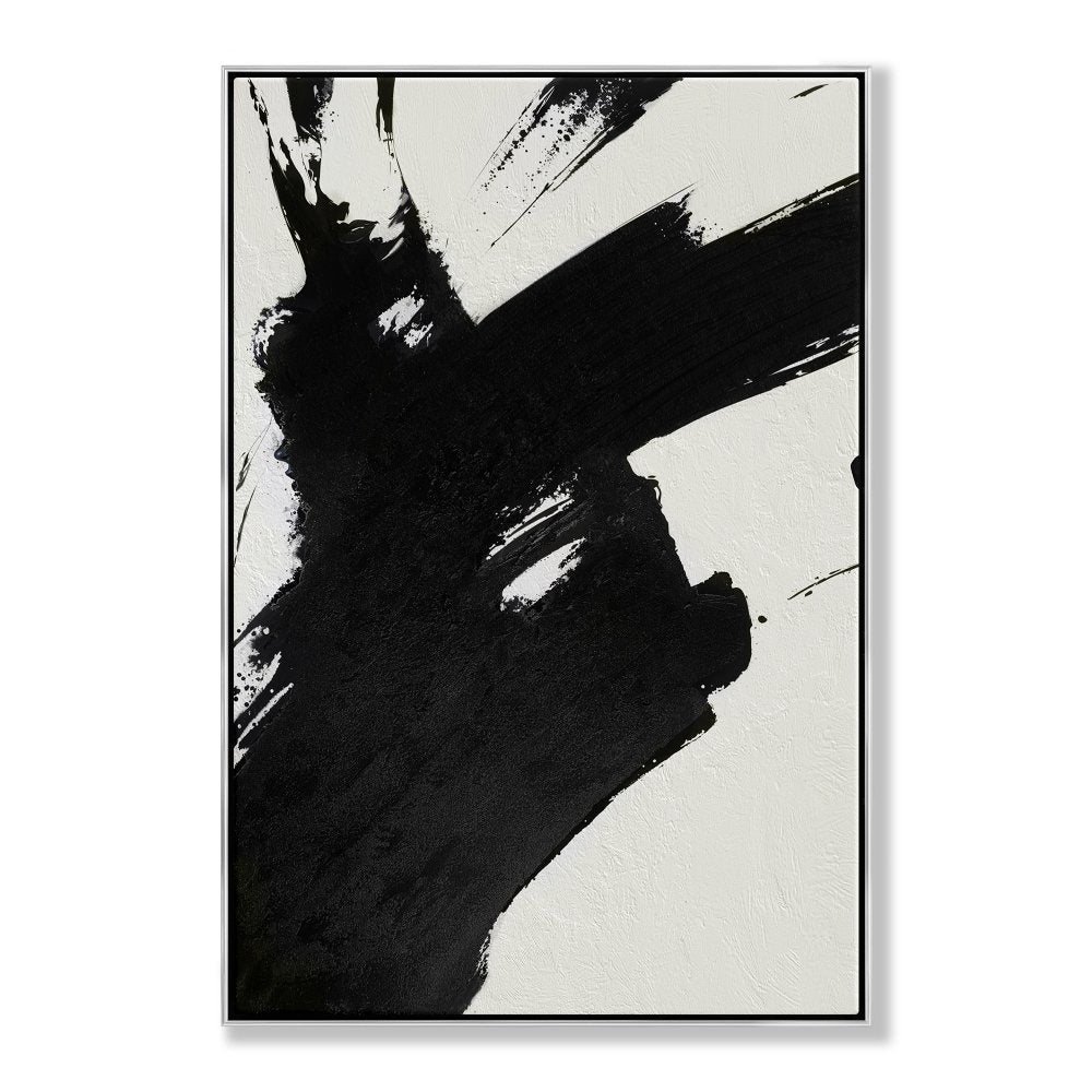 Abstract Black and White Brushstroke Oil Painting for Modern Decor