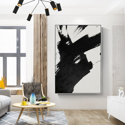 Abstract Black and White Brushstroke Oil Painting for Modern Decor