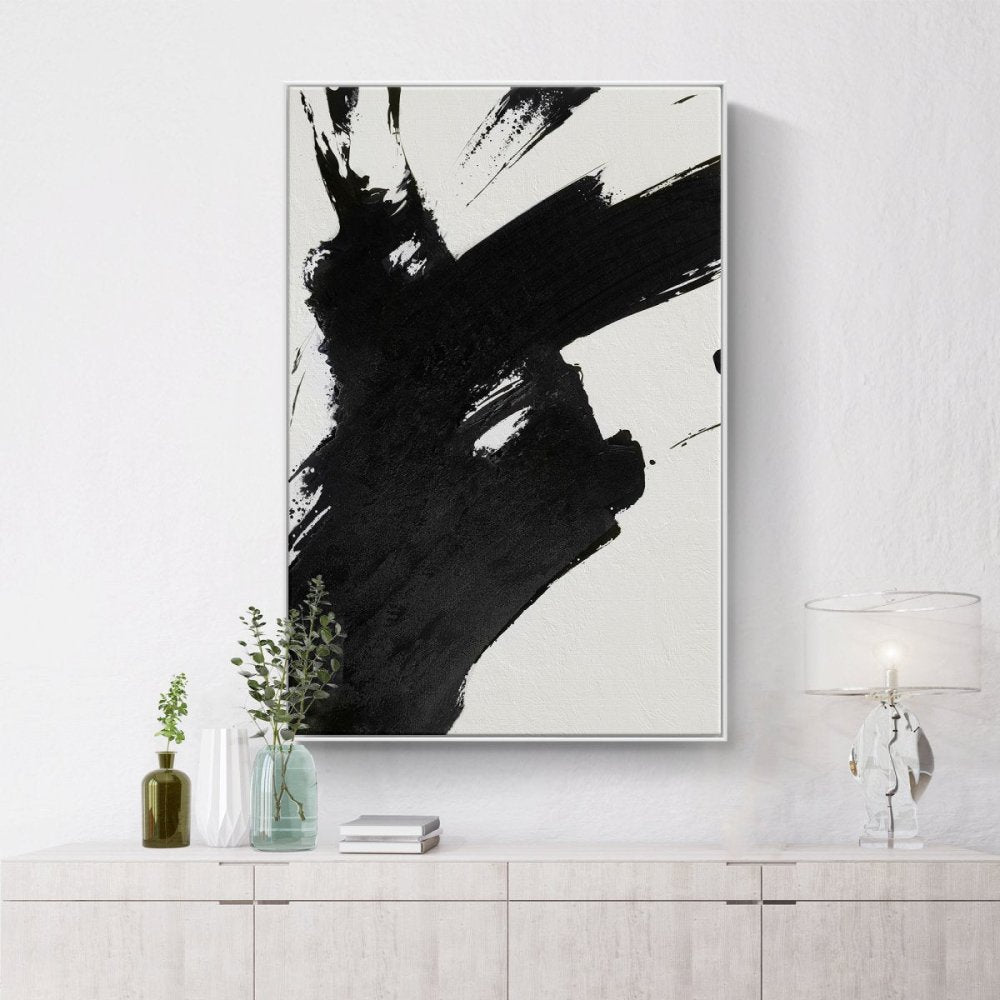 Abstract Black and White Brushstroke Oil Painting for Modern Decor