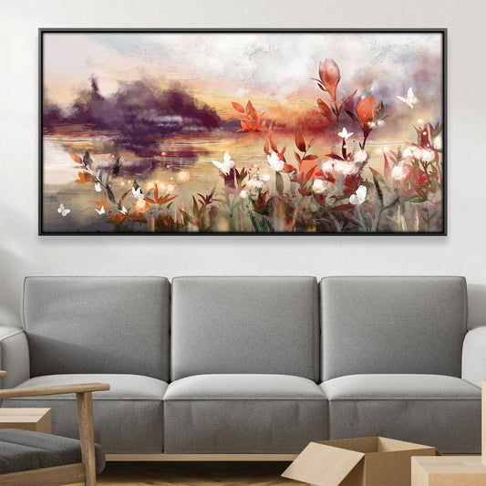 Serene Floral Landscape Oil Painting with Butterflies and Sunset Reflection