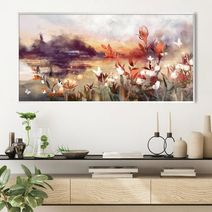 Serene Floral Landscape Oil Painting with Butterflies and Sunset Reflection