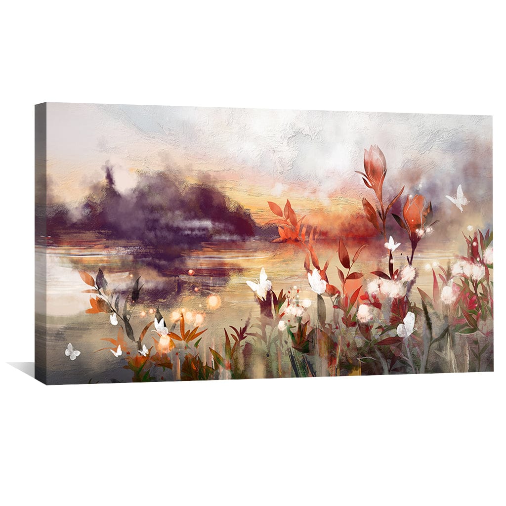 Serene Floral Landscape Oil Painting with Butterflies and Sunset Reflection