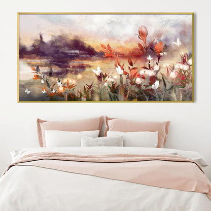 Serene Floral Landscape Oil Painting with Butterflies and Sunset Reflection