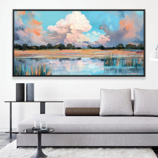 Serene Landscape Oil Painting of Dreamy Water Reflections and Vibrant Skies