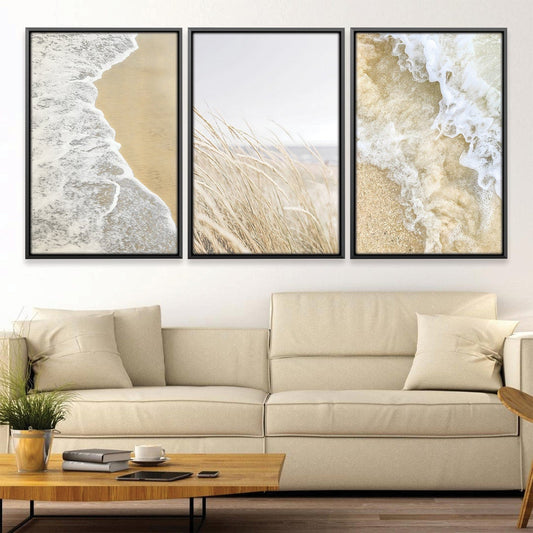 Serene Coastal Waves Triptych Oil Painting for Beach Decor and Relaxing Ambiance