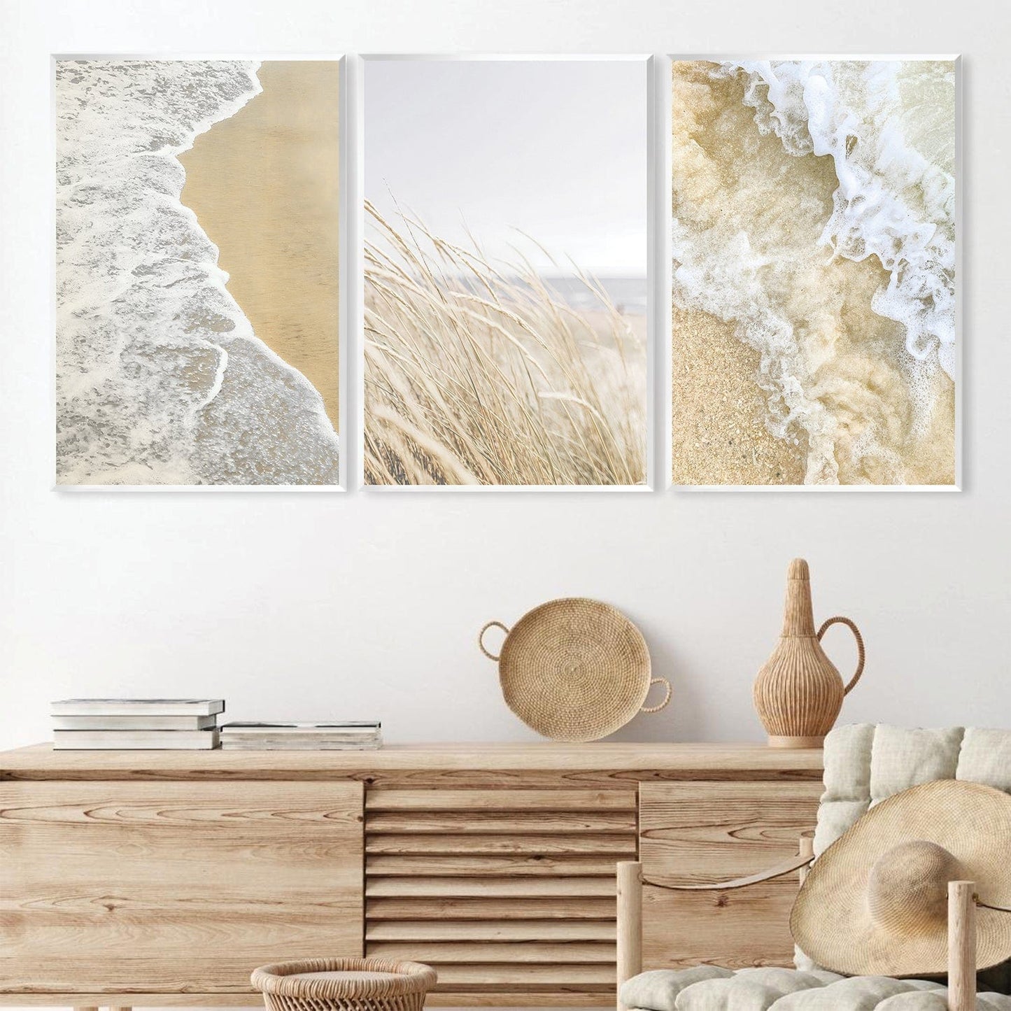 Serene Coastal Waves Triptych Oil Painting for Beach Decor and Relaxing Ambiance