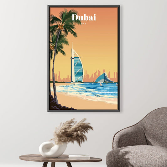 Vibrant Dubai Skyline Oil Painting with Palm Trees and Beach View