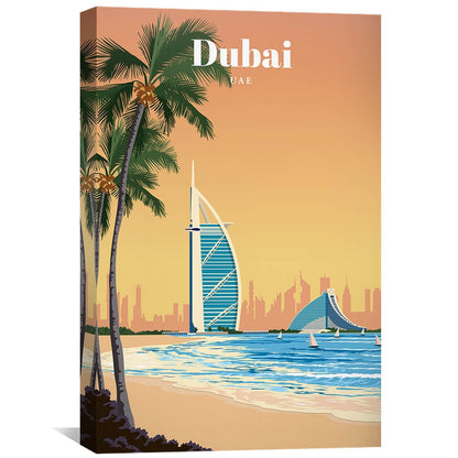 Vibrant Dubai Skyline Oil Painting with Palm Trees and Beach View