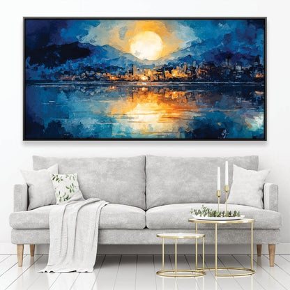 Serene Waterfront Dusk Oil Painting Landscape with Vibrant Sunset Reflection