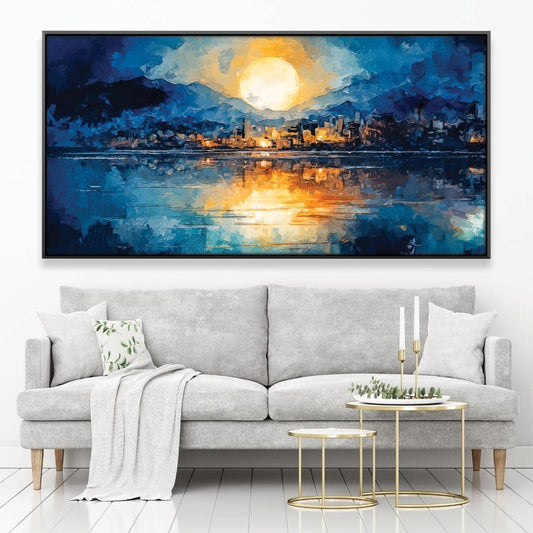 Serene Waterfront Dusk Oil Painting Landscape with Vibrant Sunset Reflection
