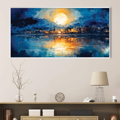 Serene Waterfront Dusk Oil Painting Landscape with Vibrant Sunset Reflection