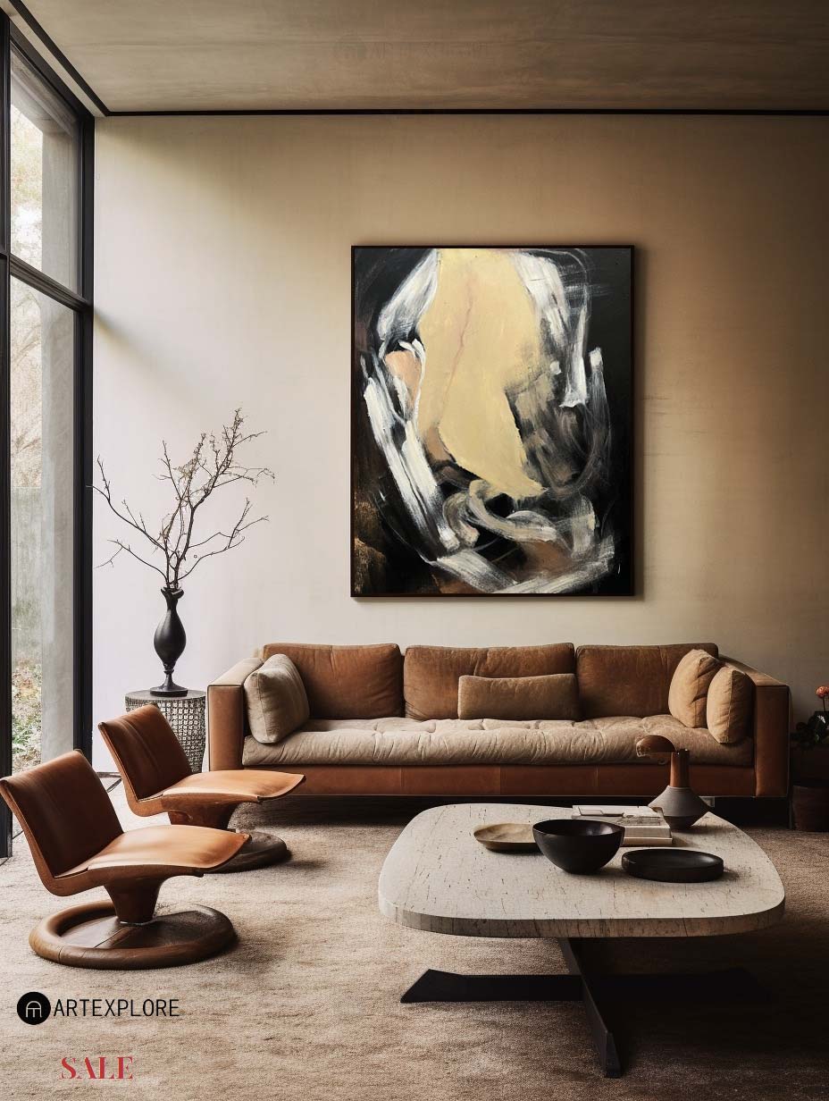 Contemporary Black and Gold Abstract Oil Painting for Modern Home Decor