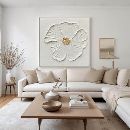 Elegant White Flower Oil Painting with Textured Petals and Gold Accents