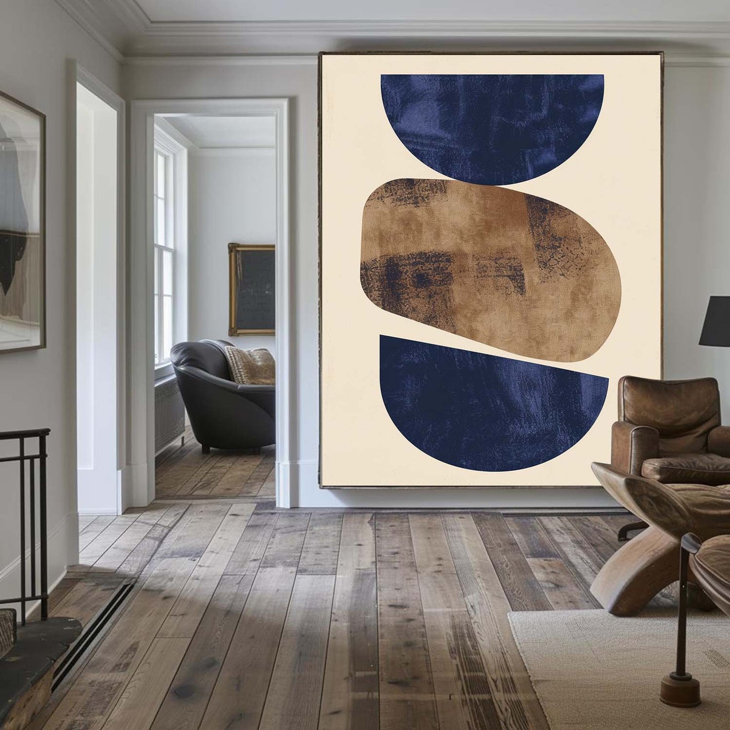 Navy and Gold Geometric Abstract Oil Painting for Modern Home Decor