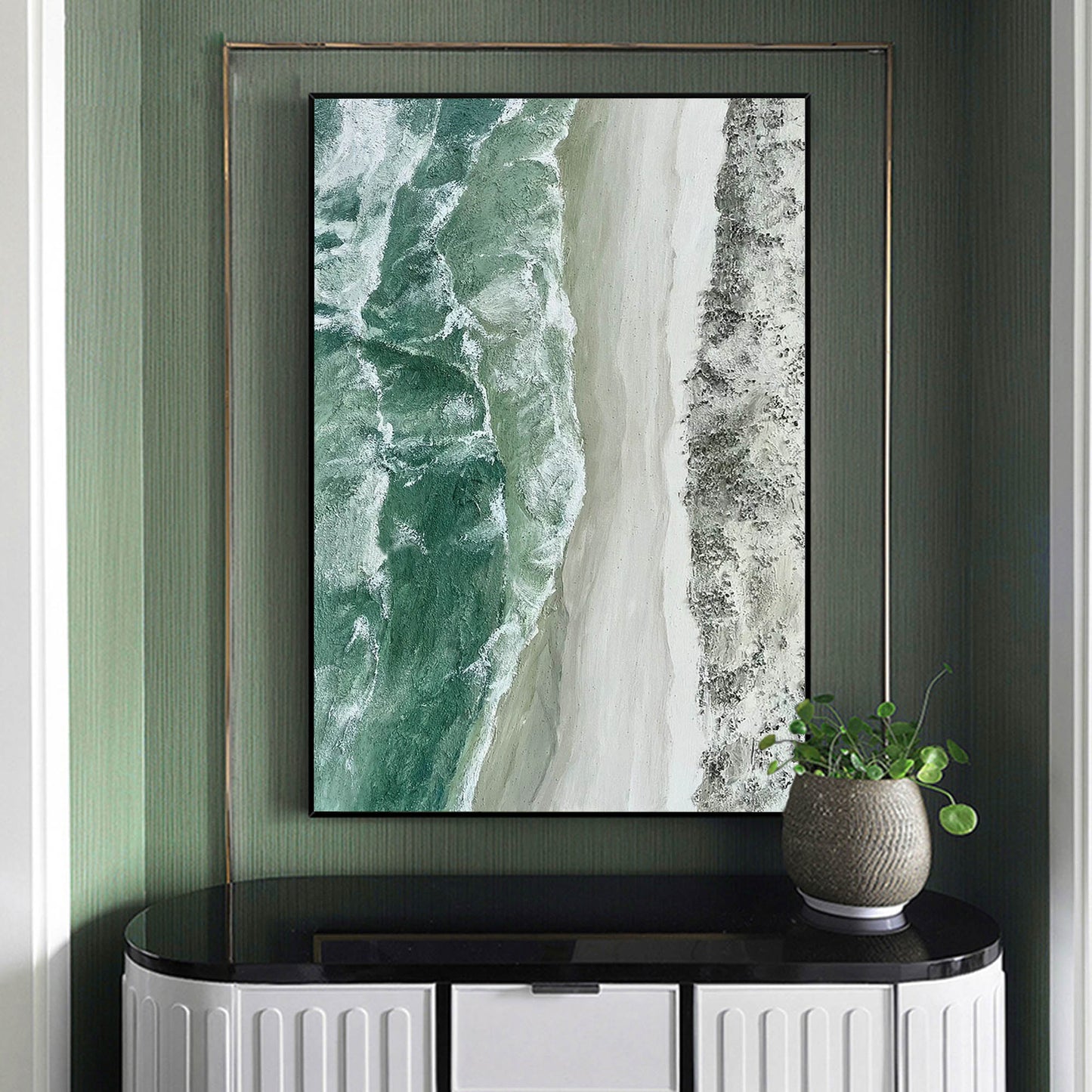 Serene Green Seascape Oil Painting for Coastal Home Decor