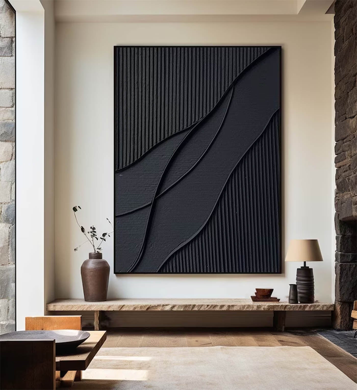 Elegant Minimalist Black Abstract Oil Painting for Modern Home Decor