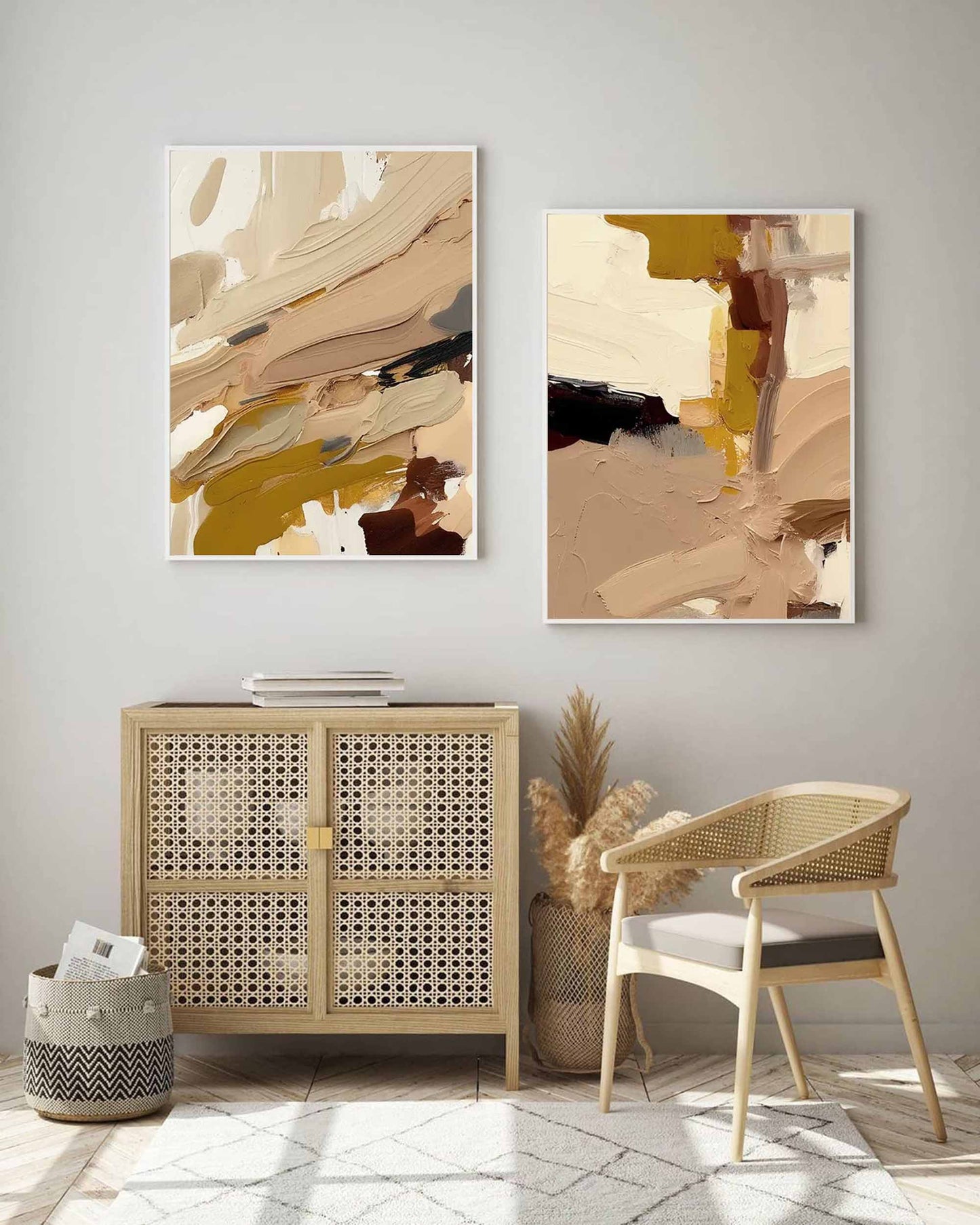 Elegant Minimalist Abstract Oil Painting in Earth Tones for Modern Home Decor