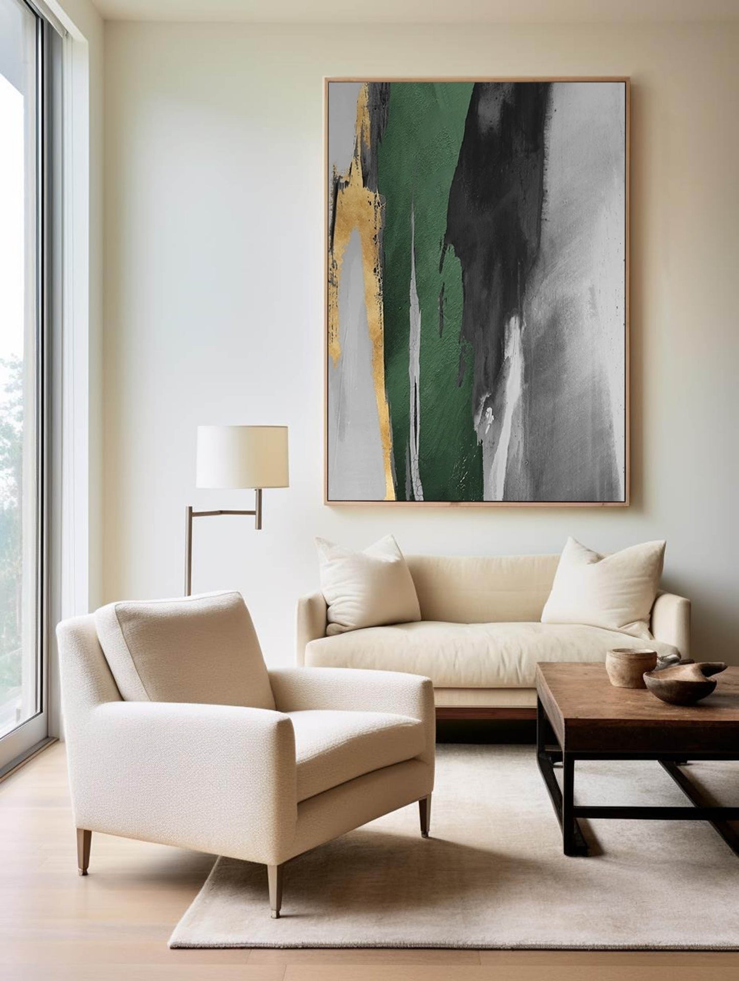 Stunning Green and Gold Abstract Oil Painting for Modern Home Decor