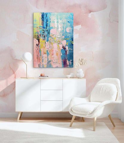 Vibrant Abstract Oil Painting with Blue and Pink Tones for Modern Home Decor