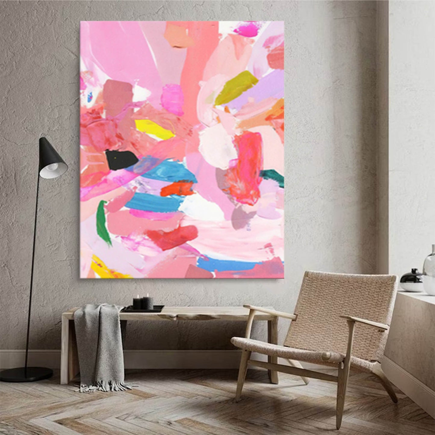 Vibrant Abstract Oil Painting in Pink and Colorful Brushstrokes for Modern Decor