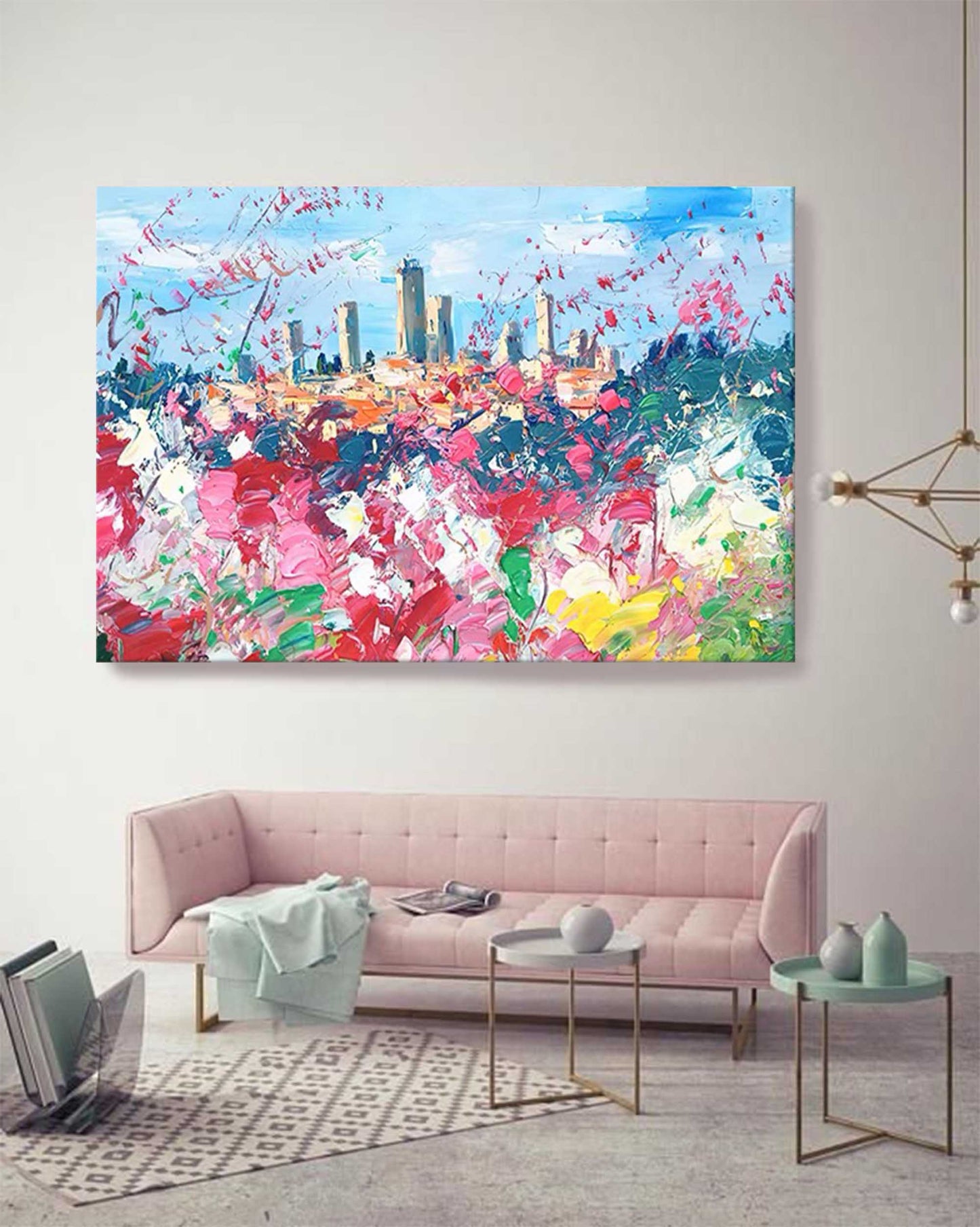 Vibrant Cityscape Oil Painting with Colorful Floral Foreground