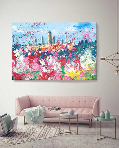 Vibrant Cityscape Oil Painting with Colorful Floral Foreground