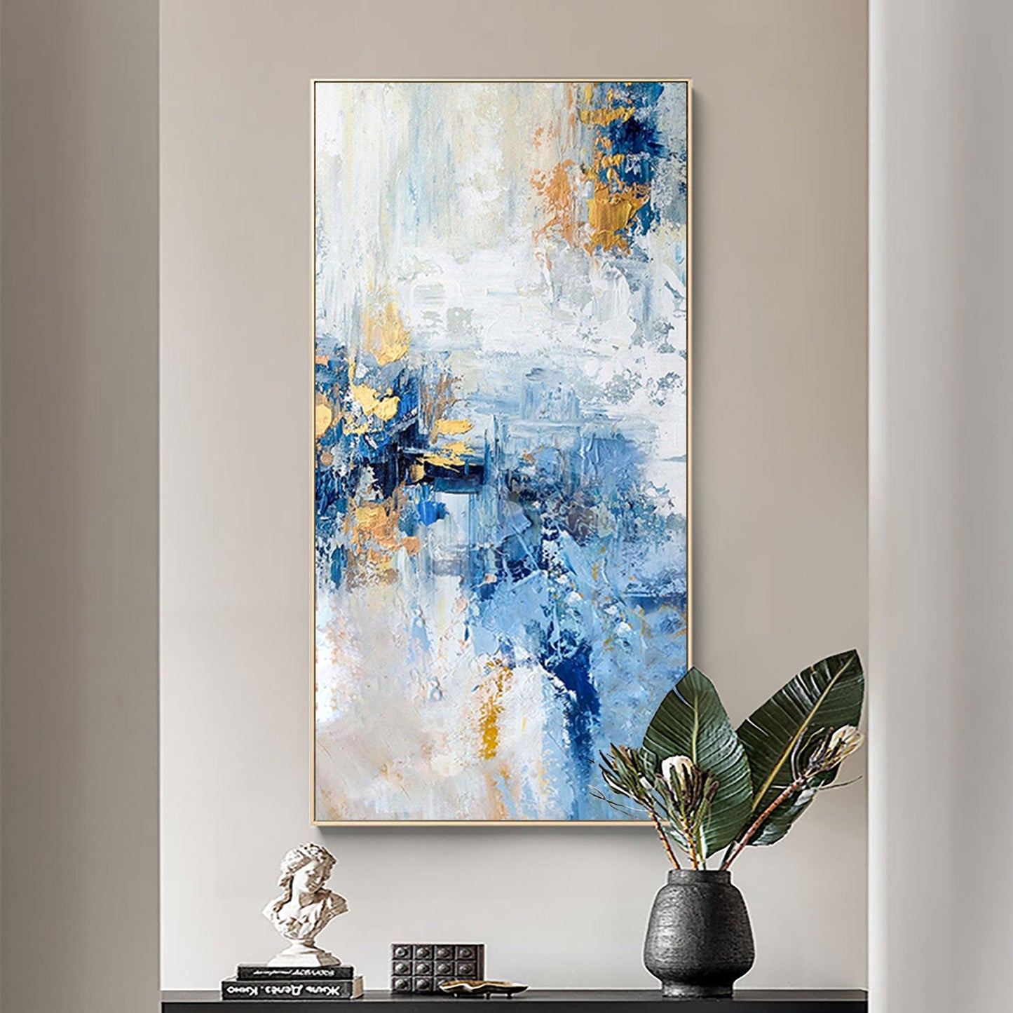 Sleek Blue and Gold Abstract Oil Painting for Modern Home Decor