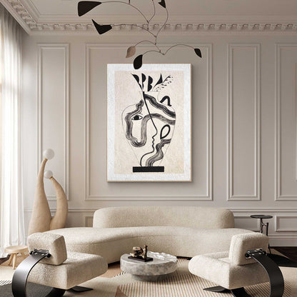 Abstract Minimalist Oil Painting of Faces and Vases for Modern Home Decor