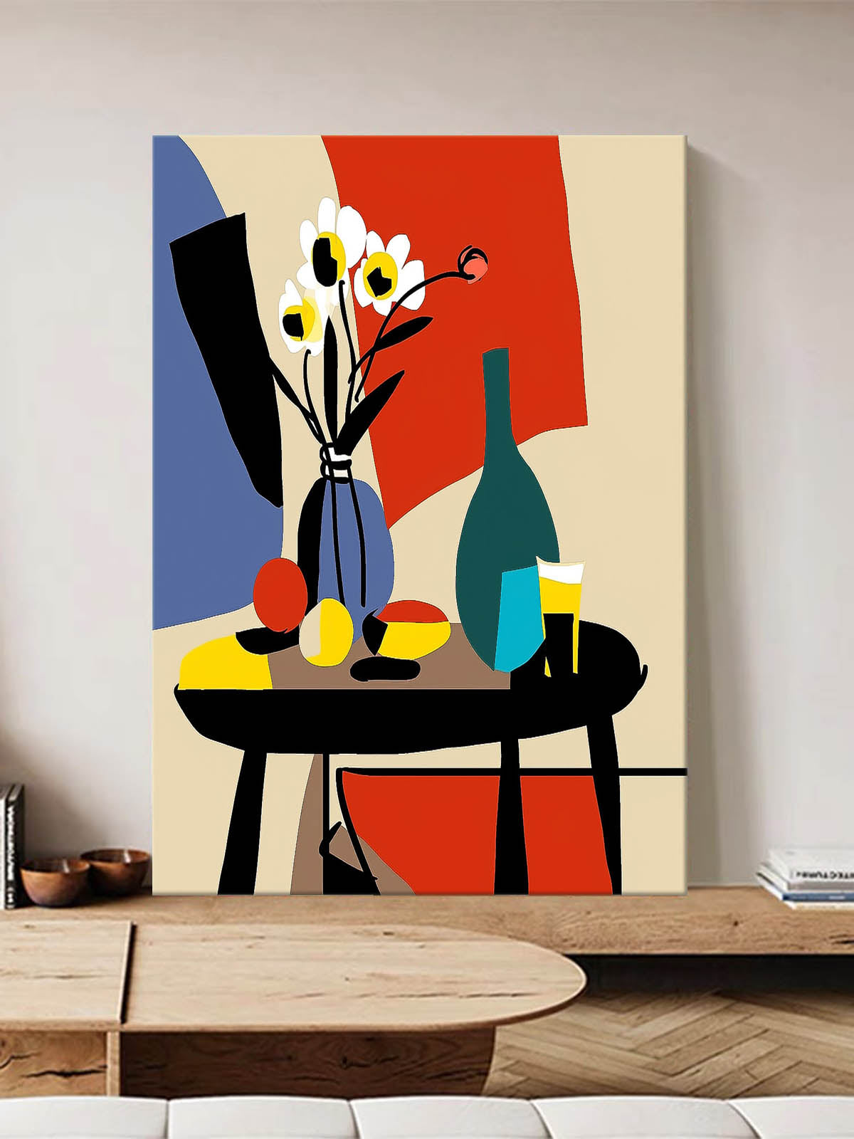 Modern Floral Still Life Oil Painting with Colorful Vase and Fruit Table Decor