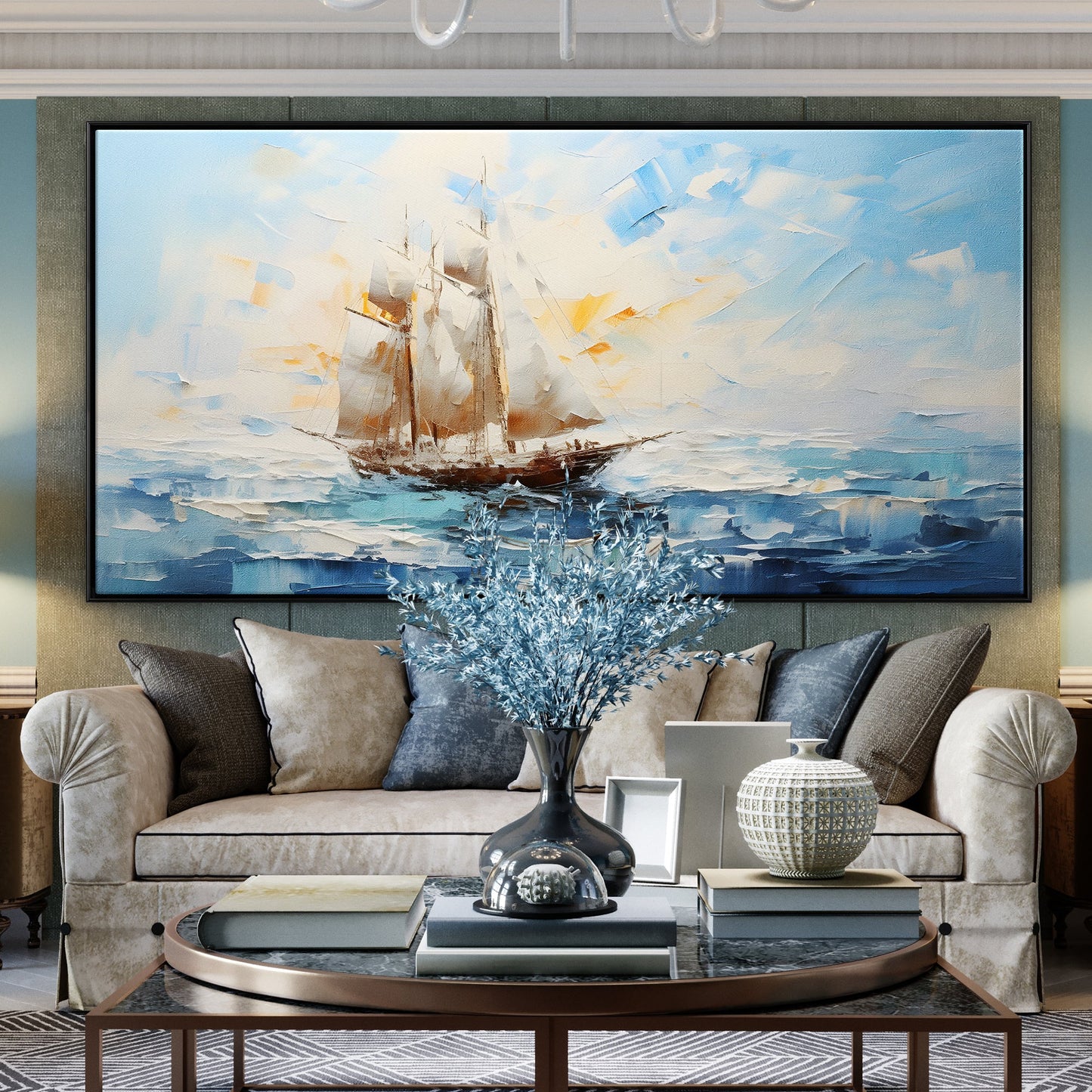 Seascape Majesty: Sailing Ship on Vibrant Ocean Waves Oil Painting