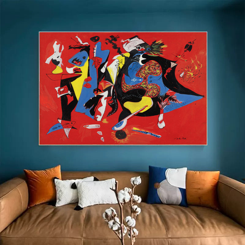 Vibrant Abstract Oil Painting of a Festive Celebration on Bold Red Canvas