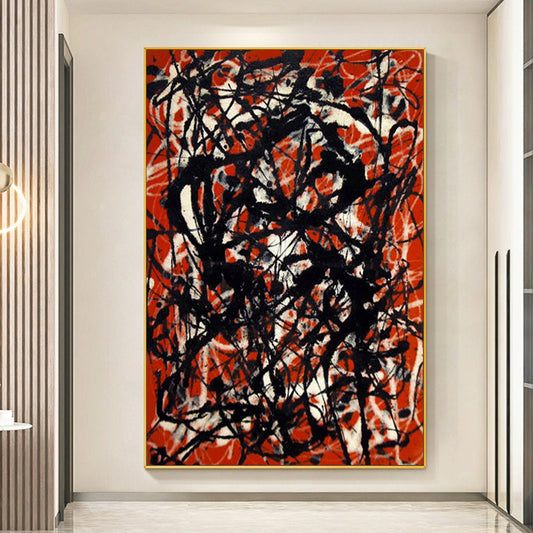 Abstract Oil Painting with Bold Red and Black Brush Strokes for Modern Decor