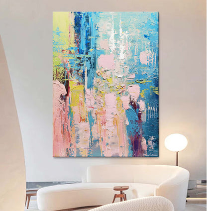 Vibrant Abstract Oil Painting with Blue and Pink Tones for Modern Home Decor