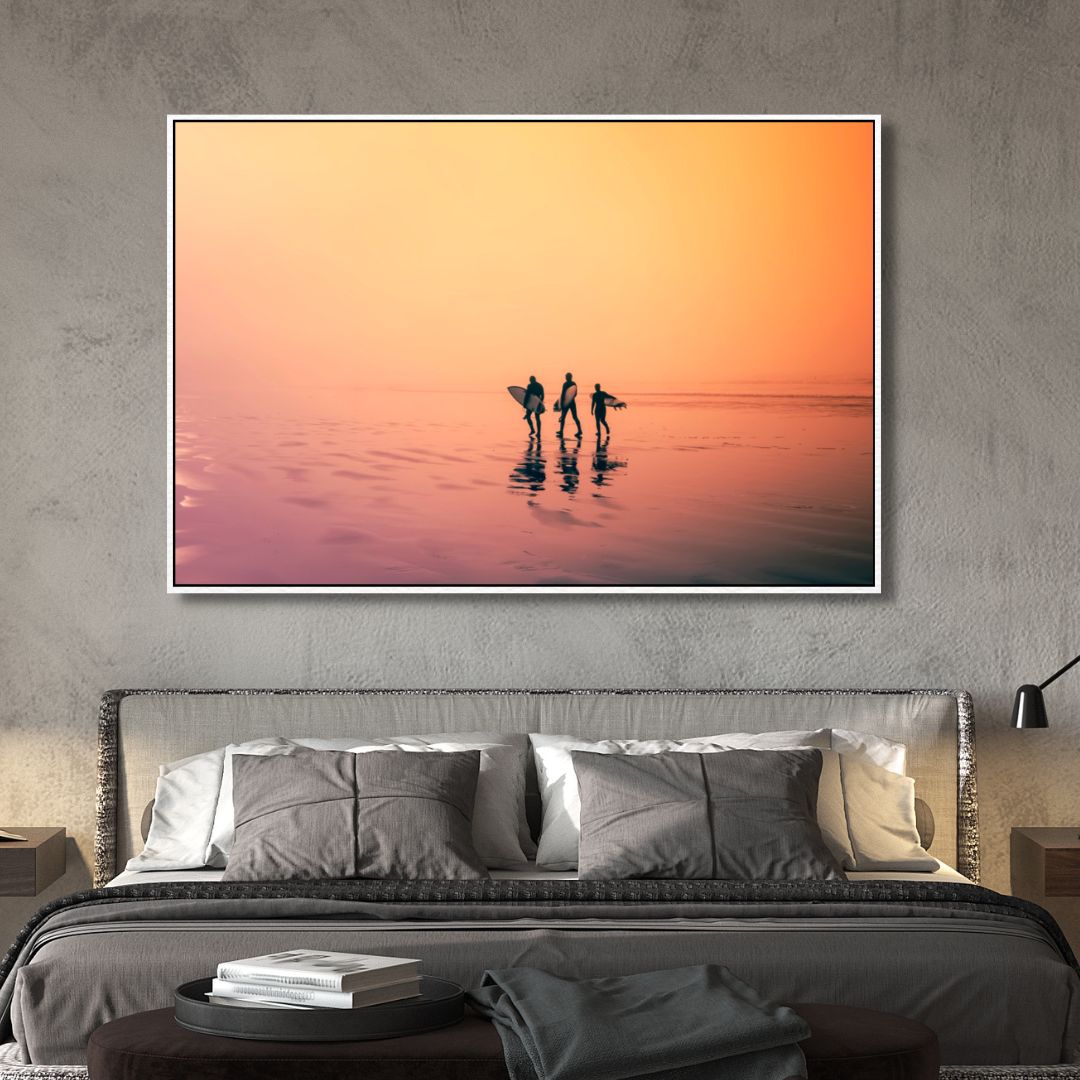Serene Sunrise Surfers: Tranquil Ocean Vibes Oil Painting for Coastal Decor