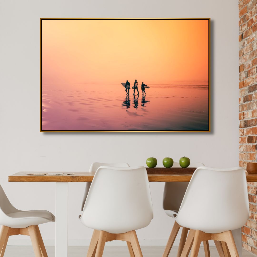 Serene Sunrise Surfers: Tranquil Ocean Vibes Oil Painting for Coastal Decor