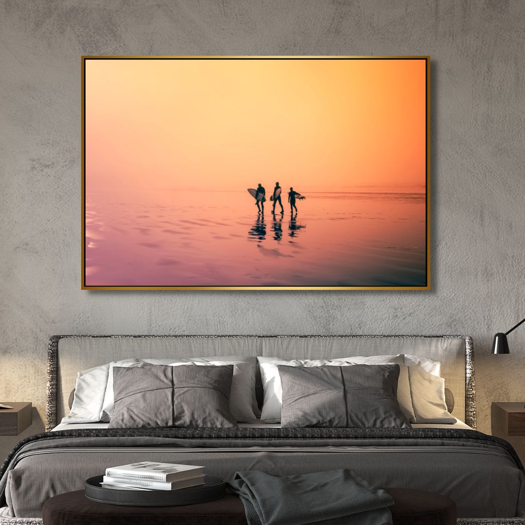 Serene Sunrise Surfers: Tranquil Ocean Vibes Oil Painting for Coastal Decor