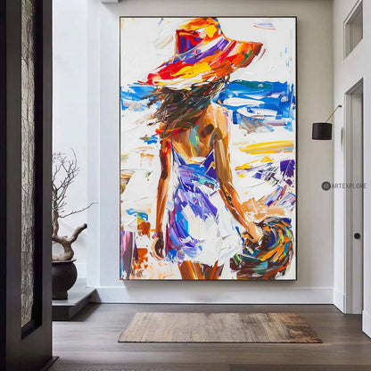 Vibrant Beach Escape: Modern Abstract Oil Painting of a Woman in a Sun Hat